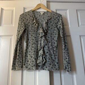 J.Jill Sheer Mesh Cascading Ruffle V-Neck Top Gray/Black XS